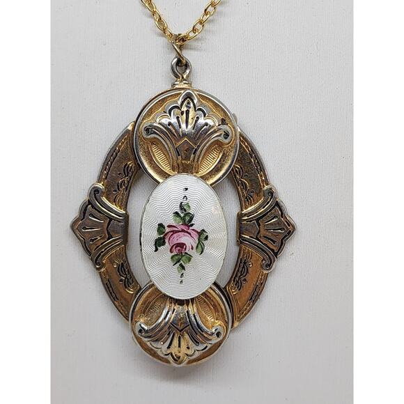 Antique Guilloche Enamel Rose 2 Photo Locket rotating Pendant early 1900s rare - Picture 2 of 13